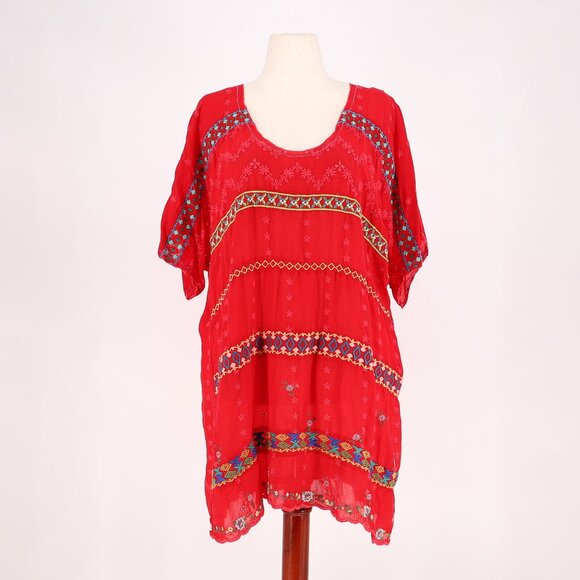 JOHNNY WAS Daisy Eyelet Embroidered Tunic Lightweight Vibrant Red Size XL - Picture 1 of 10